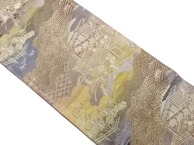 JAPANESE KIMONO / ANTIQUE FUKURO OBI / SILK / WOVEN RAGING WAVES & FLOWER